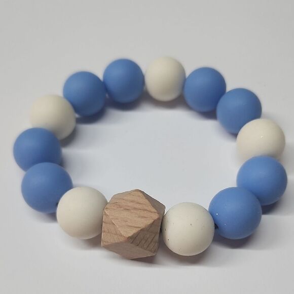 Silicone Bead Bracelet Wooden Faceted Cube Baby Blue White - Picture 1 of 3